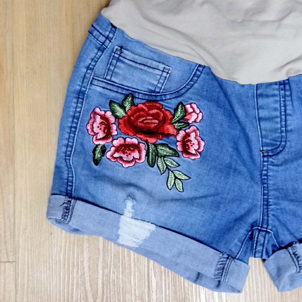Bella Vida Embroidered Maternity Jean Shorts